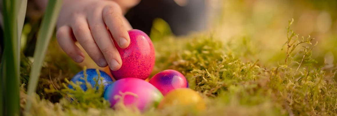 Kind versteckt bunte Ostereier im Moos